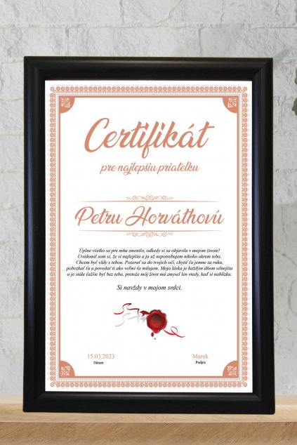 Certifikát pre najlepšiu priateľku