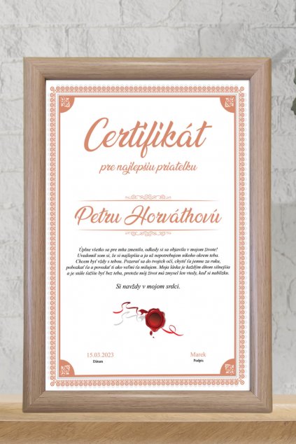 Certifikát pre najlepšiu priateľku