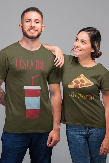 Tričká pre páry Láska ide cez žalúdok pizza