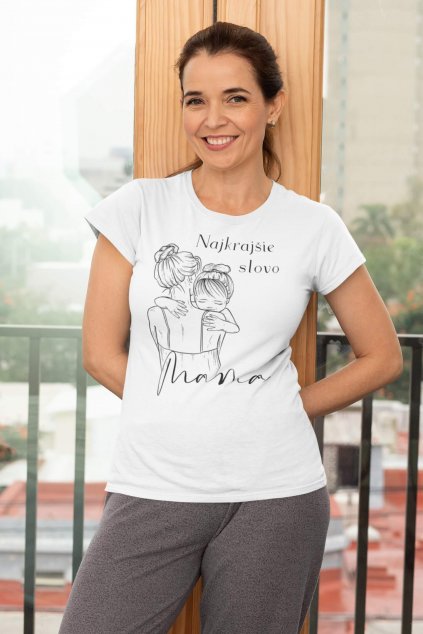t shirt mockup featuring a middle aged woman standing against a balcony door 31606