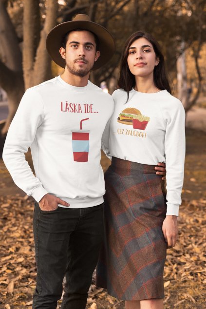 Unisex mikiny pre páry Láska ide cez žalúdok hamburger