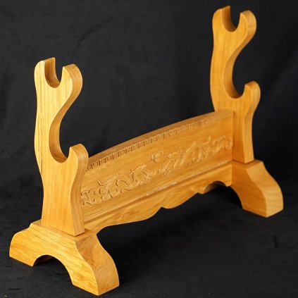 4002 elegantni dvoupatrovy stojan z masivniho dreva s dracim motivem