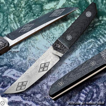 4161 7 luxusni damaskovy nuz dellinger ghost hannya s karbonovou rukojeti a umeleckou zastitou