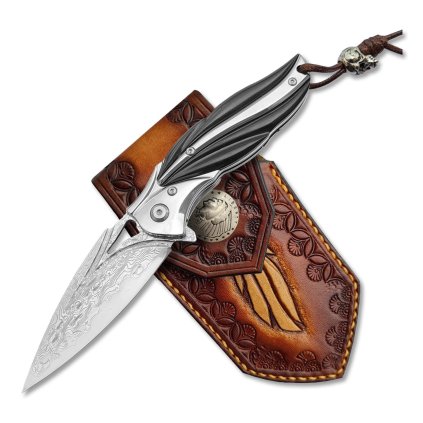 4209 16 premiovy zaviraci nuz dellinger cloverleaf z damaskove oceli s rukojeti z ebenu