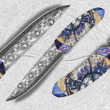 19170 detailni pohled na sberatelsky nuz dellinger evil dragon laminated nr 13 s unikatni kresbou laminovane oceli a rukojeti z mamutiho klu