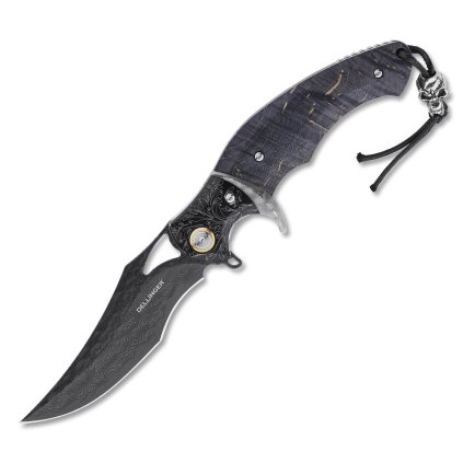 20750 12 detail damaskoveho vzoru na cepeli nastroje dellinger spett s rukojeti ze dreva sapele