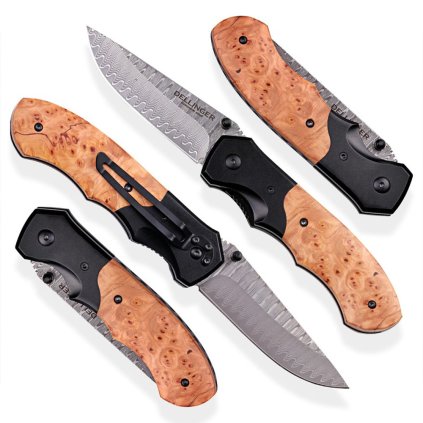 18197 3 damaskovy zaviraci nuz dellinger hunter s unikatni rukojeti z topoloveho dreva a cepeli s damaskovym vzorem