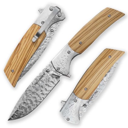 21173 zaviraci damaskovy nuz dellinger nomad olive s rukojeti z olivoveho dreva a damaskovymi bolstry