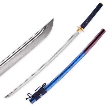 21266 sberatelska replika mece katana sensu no michi s cepeli z prekladane oceli a modrym opletem rukojeti