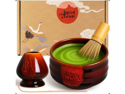 Matcha Set 4 piece Akai tea bowl chawan 80s matcha whisk holder & spoon