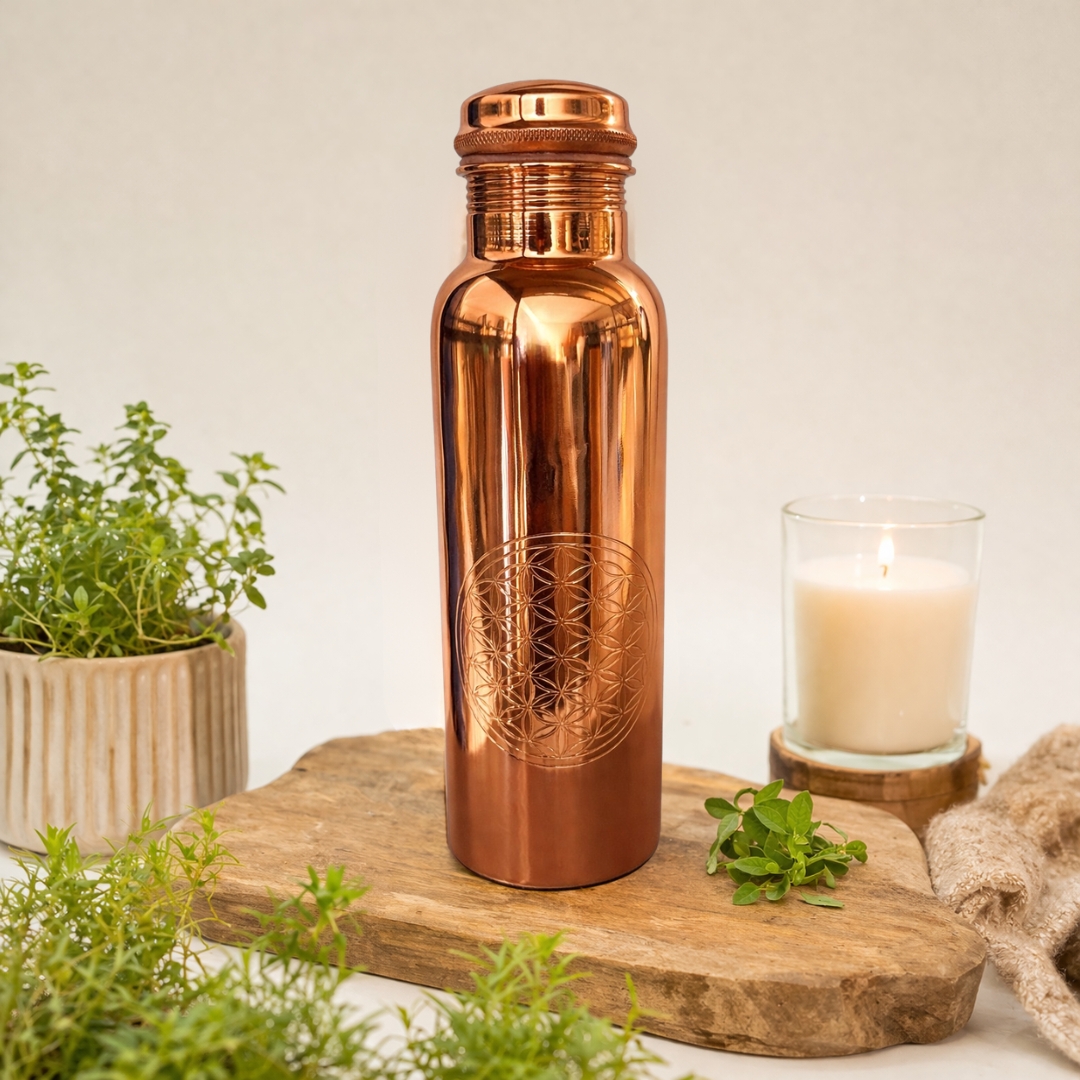 Fľaša na vodu Flower of Life z čistej leštenej medi 1 liter