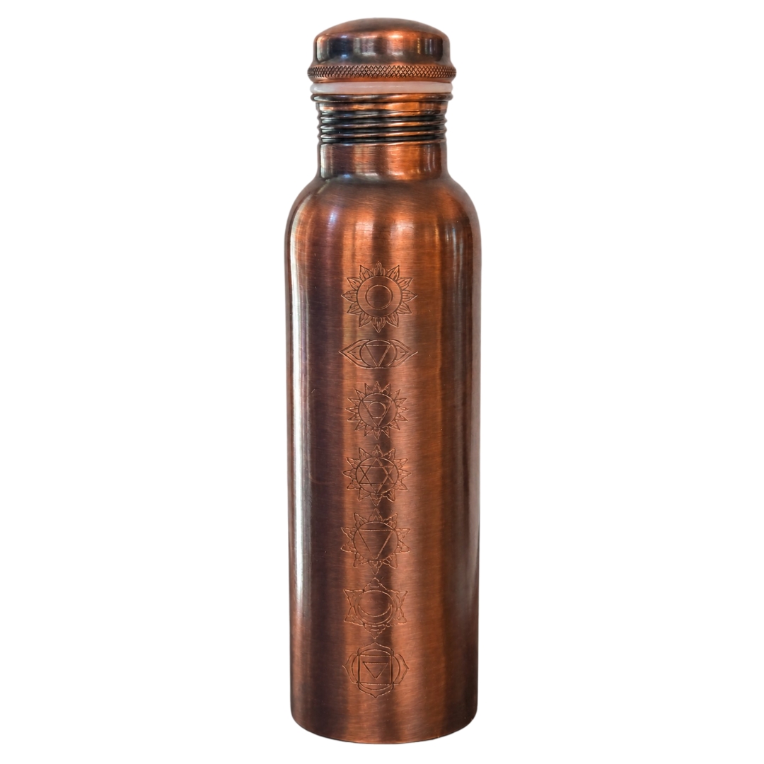 Fľaša na vodu z čistej medi – 7 čakier (antický vzhľad) – 950ml / 330 g