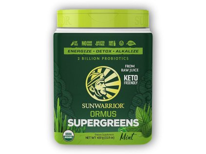Sunwarrior Ormus Super Greens BIO 450g mint + šťavnatá tyčinka ZDARMA
