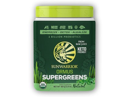 Sunwarrior Ormus Super Greens BIO 450g natural + šťavnatá tyčinka ZDARMA