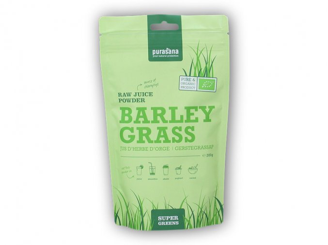 Purasana BIO Super Greens Barley Grass Raw Juice Powder 200g  + šťavnatá tyčinka ZDARMA