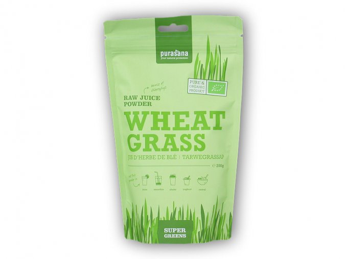 Purasana BIO Super Greens Wheat Grass Raw Juice Powder 200g  + šťavnatá tyčinka ZDARMA