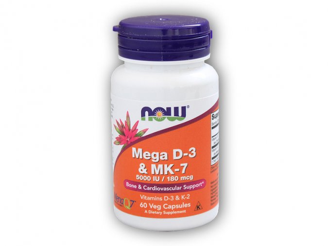 NOW Foods Mega D3 & MK-7 Vitamín d3 5000 IU & Vitamín K2 180ug 60 rostlinných kapslí  + šťavnatá tyčinka ZDARMA