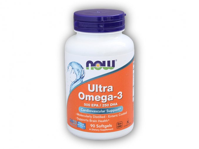 NOW Foods Ultra omega-3 250 DHA/500 EPA 90 softgelových kapslí  + šťavnatá tyčinka ZDARMA
