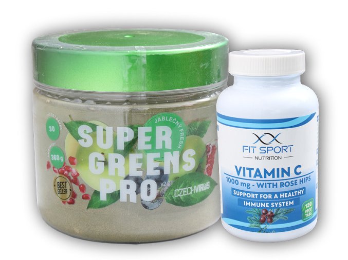 Czech Virus Super Greens PRO V2.0 360g + Vitamin C 1000mg with Rose Hips 120 tab (Varianta jablečný fresh)