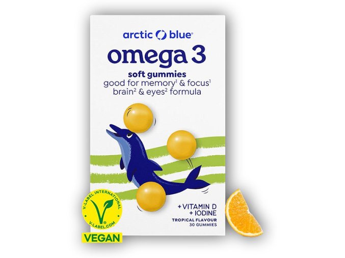 Arctic blue Kids Vegan Omega 3 30 gummies (250mg DHA & Vitamin D 200IU)  + šťavnatá tyčinka ZDARMA