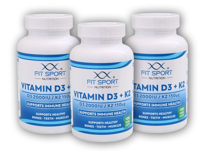 FitSport Nutrition 3x Vitamin D3 + K2 120 vege kapslí  + šťavnatá tyčinka ZDARMA