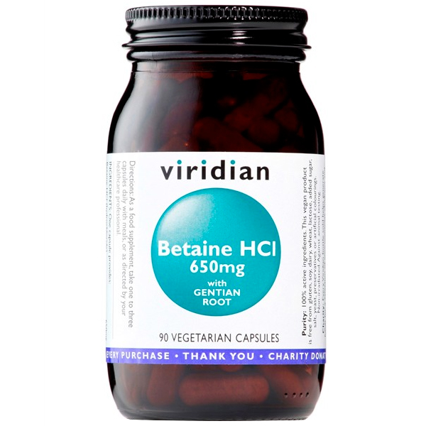 Viridian Betaine HCL 650 mg 90 kapslí + šťavnatá tyčinka ZDARMA + DÁREK ZDARMA