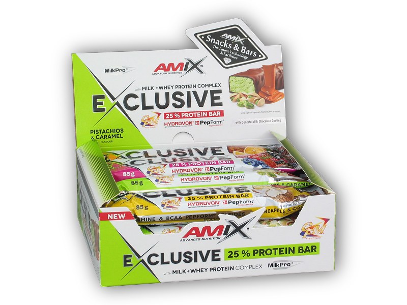 Amix 12x Exclusive Protein Bar 85g Varianta: pistachios caramel + DÁREK ZDARMA