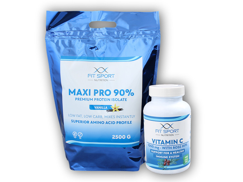 FitSport Nutrition Maxi Pro 90% 2500g + Vitamin C 1000mg with Rose Hips 120 tablet + šťavnatá tyčinka ZDARMA Varianta: čokoláda + DÁREK ZDARMA