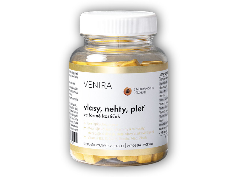 Venira Vlasy, nehty, pleť ve formě kostiček, 60 denní kúra 120 tablet - meruňka + šťavnatá tyčinka ZDARMA + DÁREK ZDARMA