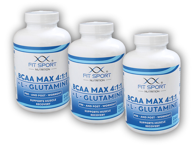 FitSport Nutrition 3x BCAA MAX 4:1:1 + L-Glutamine 240caps + šťavnatá tyčinka ZDARMA + DÁREK ZDARMA