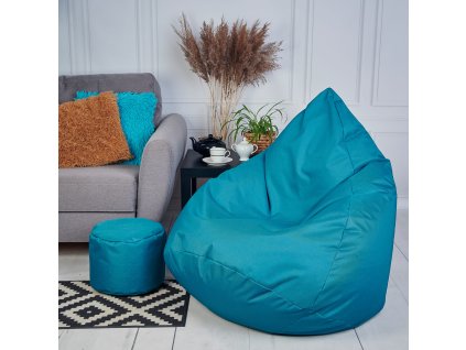 Veľký sedací vak s podnožkou na nohy, vhodný pre exteriér a interiér, tyrkysová farba, odolný voči vode a nečistotám. Doprajte si oddych na jednom z našich vakov.