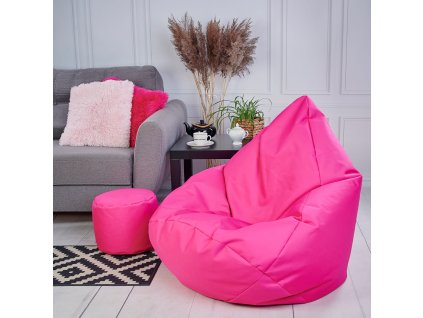 Veľký sedací vak s podnožkou na nohy, vhodný pre exteriér a interiér, ružová farba, odolný voči vode a nečistotám. Doprajte si oddych na jednom z našich vakov.