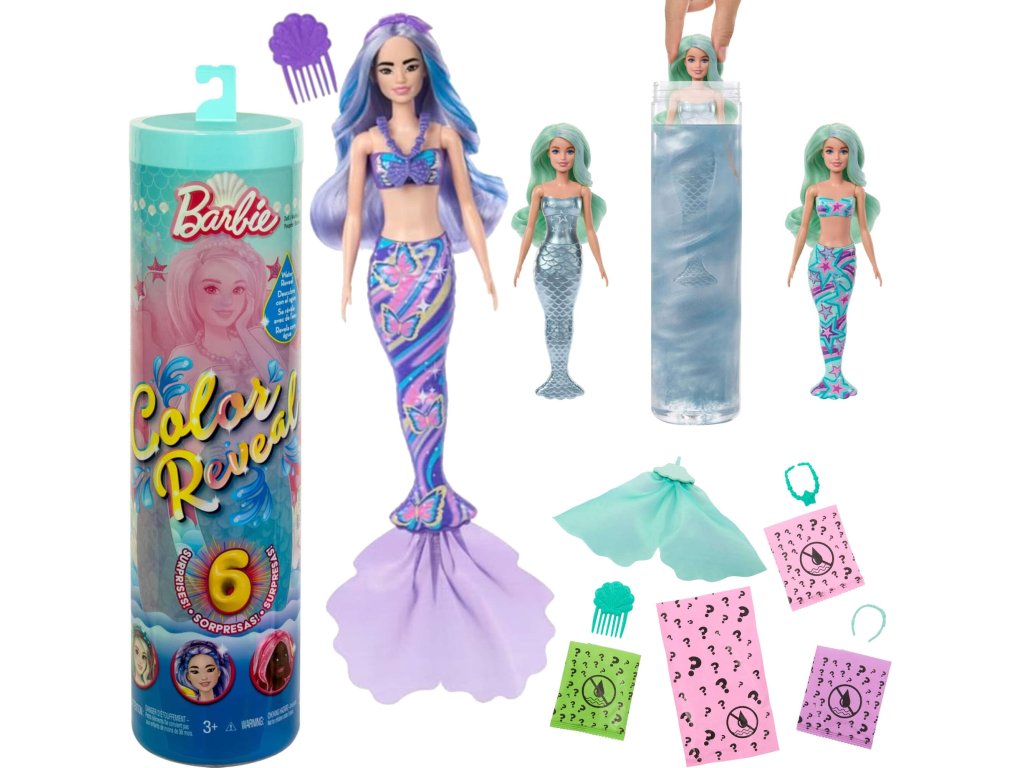 Barbie Color Reveal, barevná panenka, mořská víla, překvapení + příslušenství, 6 položek