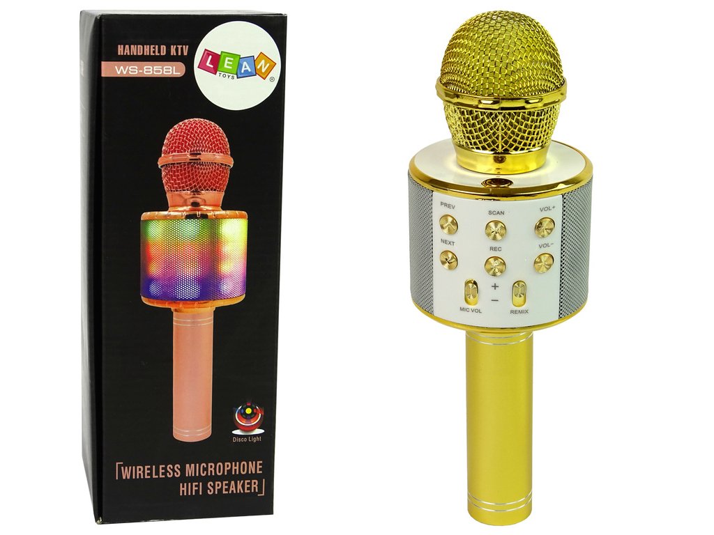 Bezdrátový mikrofon USB, reproduktor, karaoke, nahrávání, model WS-858, zlatý