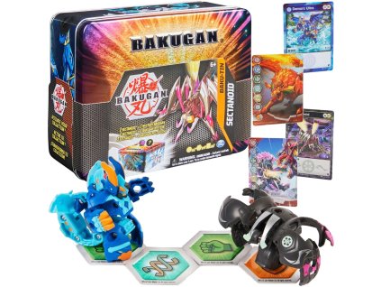 Bakugan box plechovka Baku-Tin + 2 figurky a karty Sectanoid
