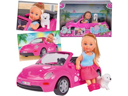 Panenka Simba Evi Love v kabrioletu New Beetle s pejskem