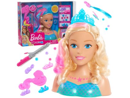 Hlava pro panenky na česání a styling Mořská panna Kadeřník Barbie Dreamtopia + doplňky