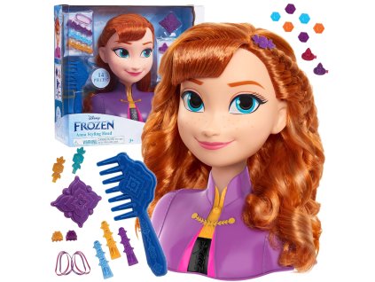 Hlava pro panenky na česání a úpravu vlasů Disney Princess Anna Frozen + doplňky