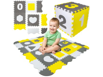 Humbi vzdělávací podložka Tlusté pěnové puzzle 31,5 x 31,5 x 1 cm Ohrádka 52 dílků Čísla Tvary Barva šedá bílá žlutá