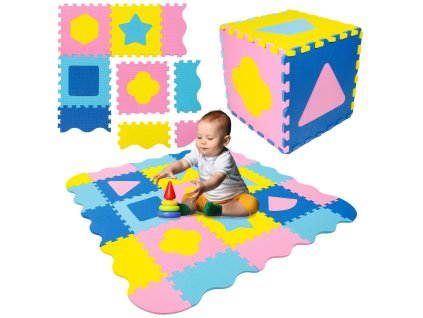 Humbi vzdělávací podložka Tlusté pěnové puzzle 31,5 x 31,5 x 1 cm Ohrádka 34 dílků Tvary Barva žlutá modrá tmavě modrá růžová