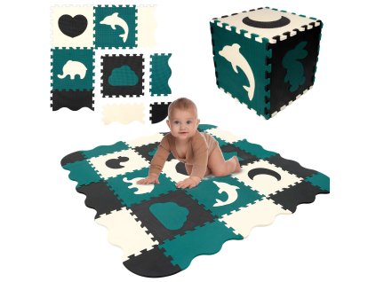 Humbi vzdělávací podložka Tlusté pěnové puzzle 31,5 x 31,5 x 1 cm Ohrádka 34 dílků Zvířátka Zvířátka Zoo Barva černá krémová tmavě zelená
