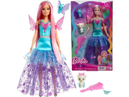 Barbie malá sada Sběratelská panenka a Touch of Magic, růžovovlasá víla + mazlíčci a doplňky