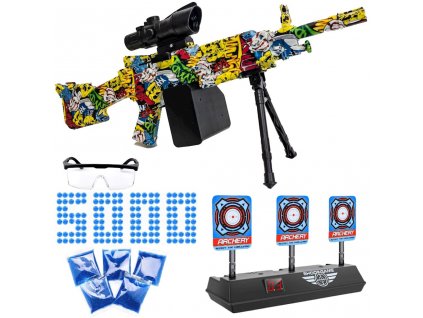 Automatická puška s gelovými kuličkami s grafikou Joker M249 + brýle + elektronický terč