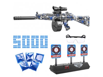 MP5 automatická puška s gelovými kuličkami modrá lebka 744 + brýle + elektronický terč