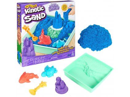 Plastový kinetický písek Kinetic Sand Set modrý hrad z písku + tác na formičky a příslušenství Spin Master