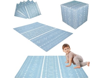 XXL pěnová podložka Humbi 180x120 Velké voděodolné bezpečné pěnové puzzle 6 ks modré s bílými boho vzory