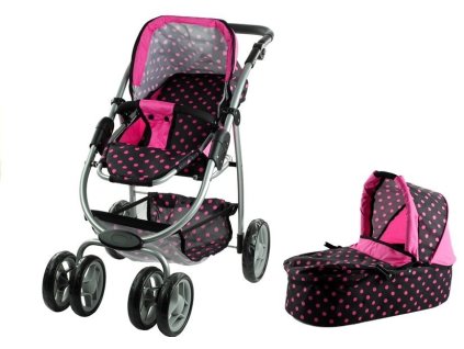 Podvozek a kočárek pro panenky 2v1 Alice - černý s růžovými puntíky