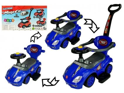 Batolata jezdí na tlačení spolu s rodičovskou rukojetí Mega Car 3v1 modrá
