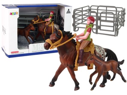 Sada 2 figurek Kůň a hříbě v ohradě + Jezdec