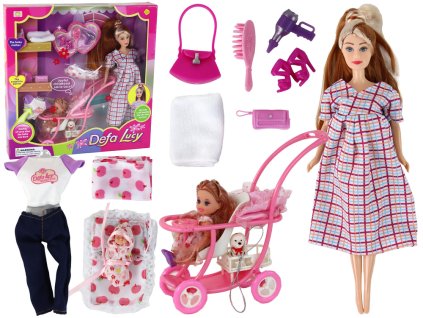 Lucy Doll Set Kočárek pro těhotné dítě dlouhé hnědé vlasy